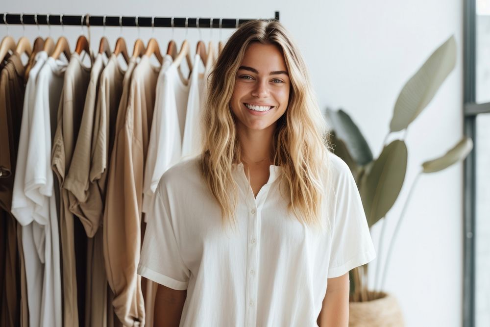 Smiling female standing near hangers with brand wear furniture clothing indoors.