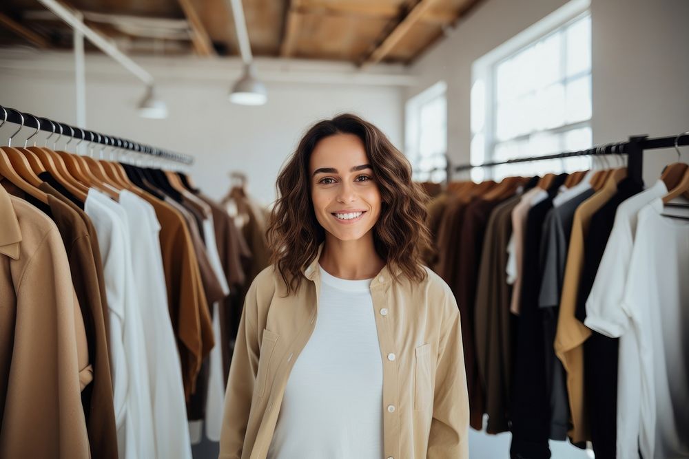 Smiling female standing near hangers with brand wear clothing apparel indoors.