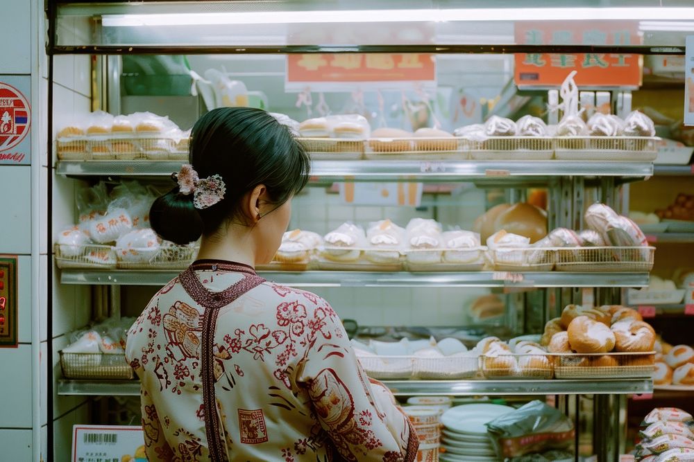 Chinese bakery woman refrigerator.
