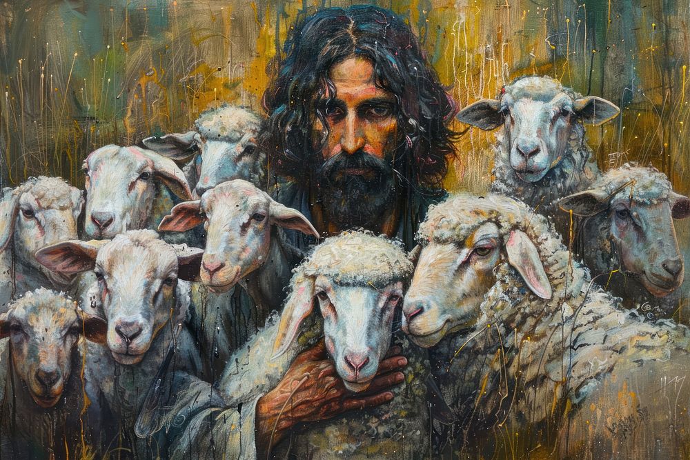Oil painting Jesus is the good shepherd livestock person.