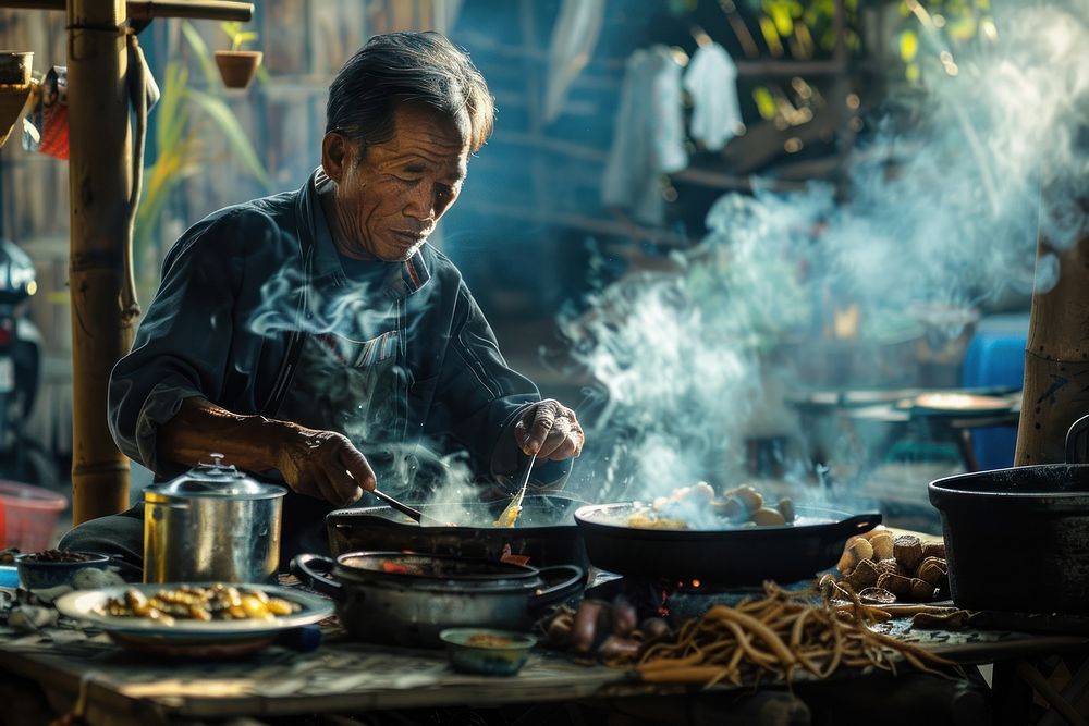 Laos cooking food man.