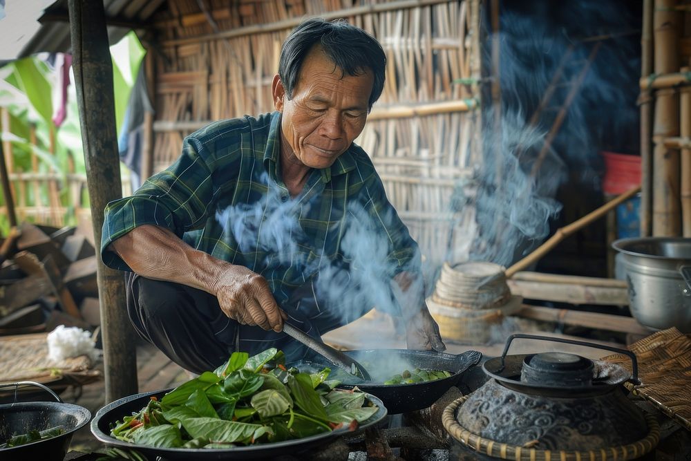 Laos cooking food man.