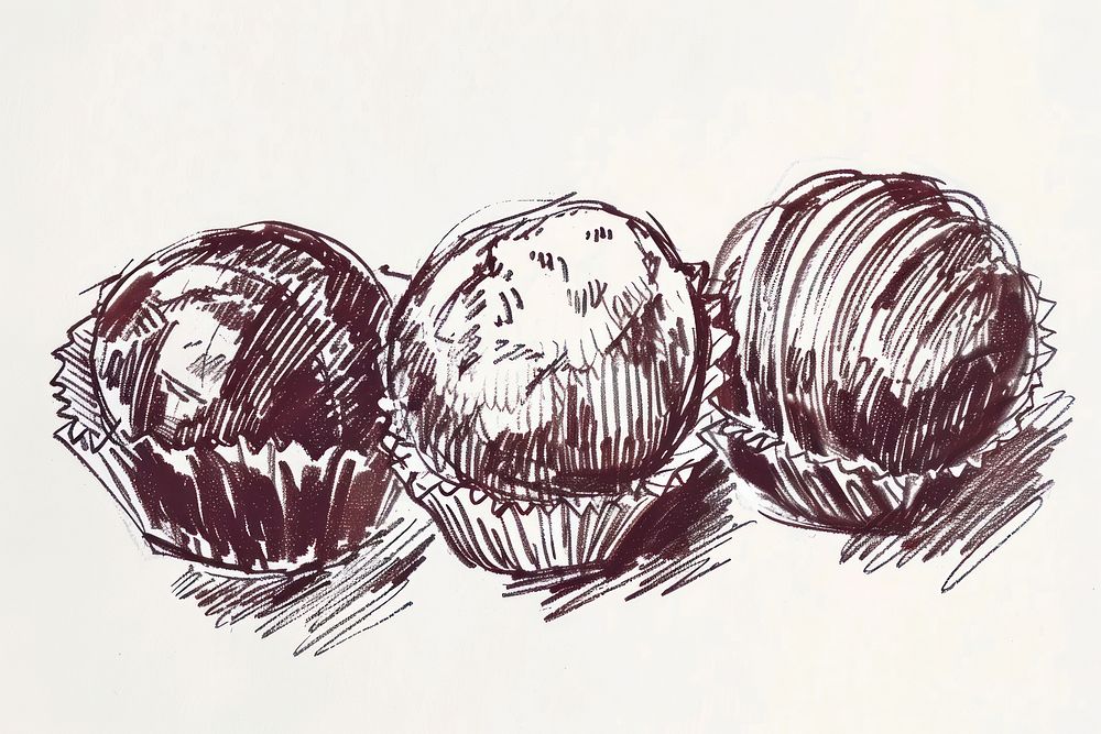 Vintage drawing chocolate truffle illustrated dessert sketch.
