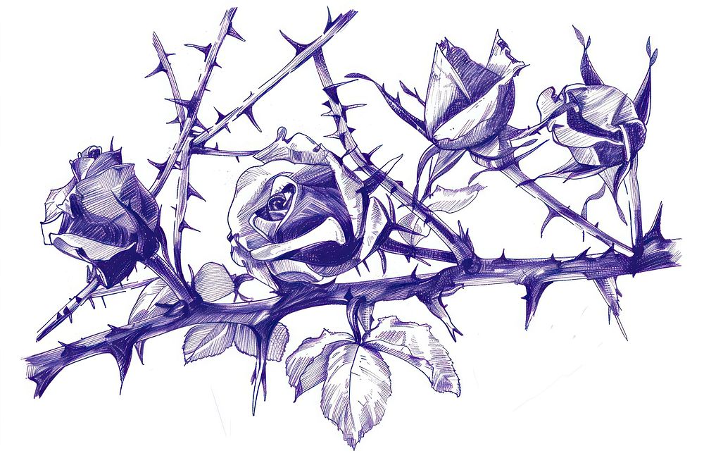 Vintage drawing rose thorns illustrated blossom sketch.