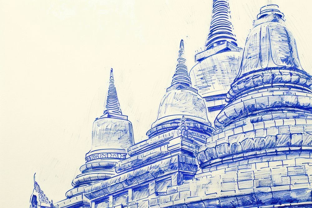 Vintage drawing Chedi architecture building steeple.