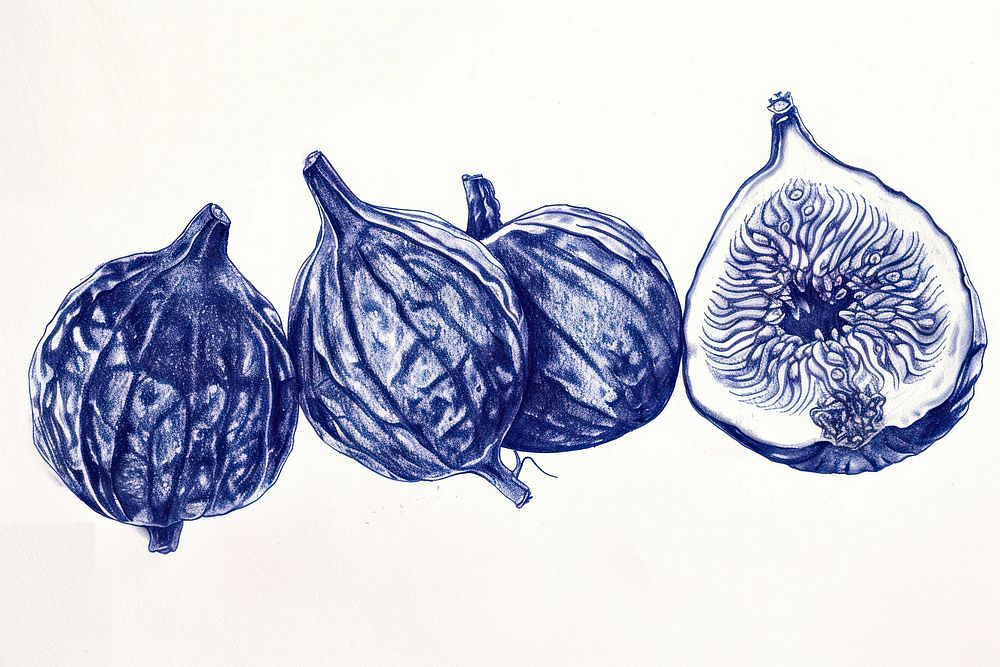 Vintage drawing dried figs produce chicken poultry.