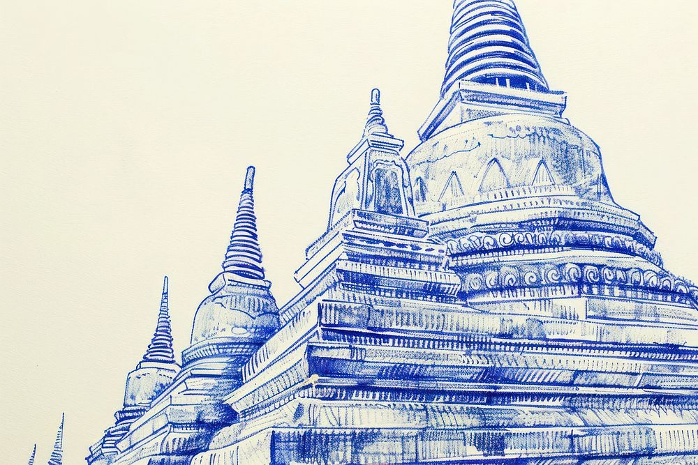 Vintage drawing Chedi architecture building steeple.