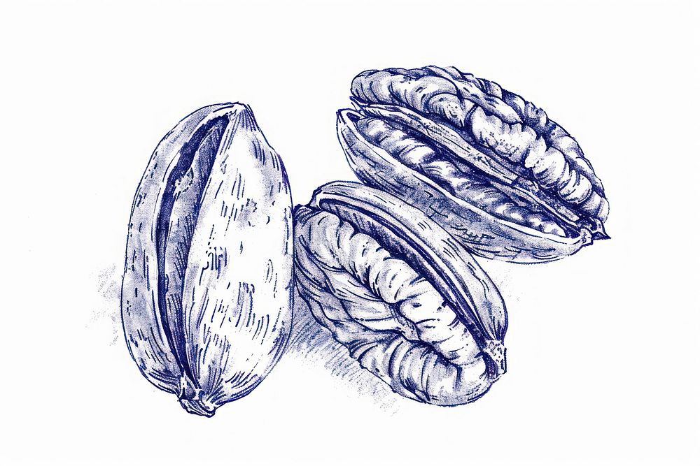 Vintage drawing pecan nuts illustrated vegetable produce.