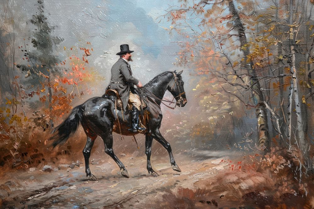 Man riding a horse painting art animal.
