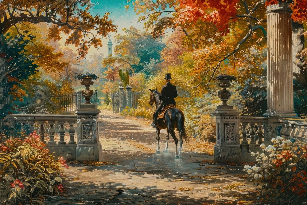 Man riding a horse in a beautiful garden art painting autumn.