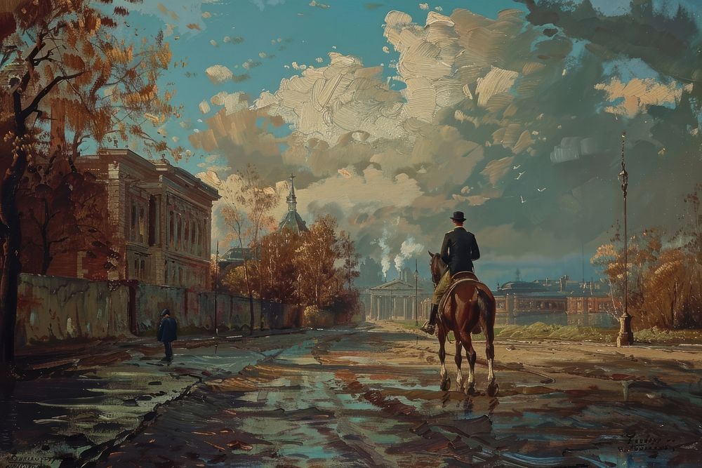 Man riding a horse in a beautiful city painting art mammal.