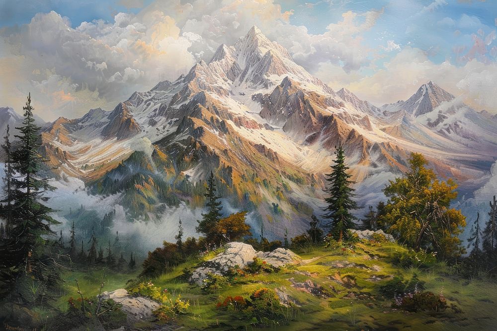 Mountain painting wilderness landscape.