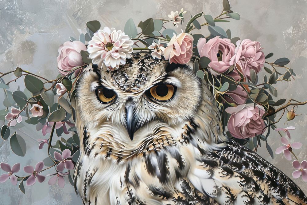 Owl with floral wreath painting art animal.