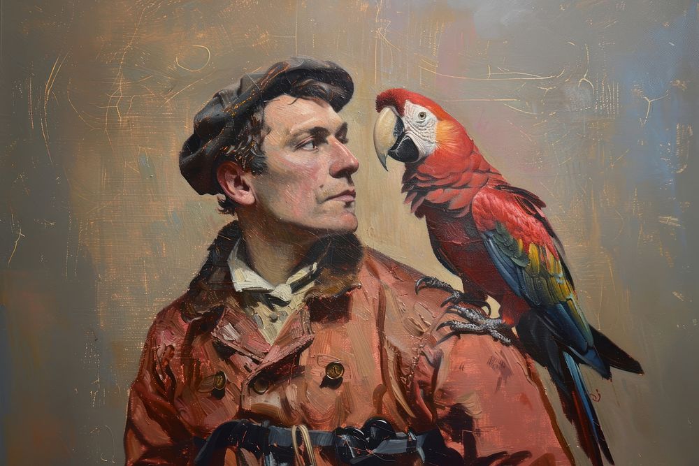 A man with a parrot painting art portrait.