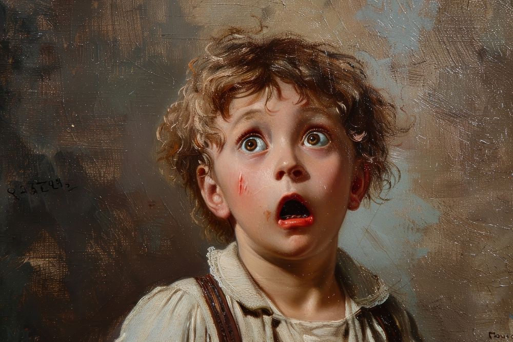 Boy with surprised face portrait painting baby.
