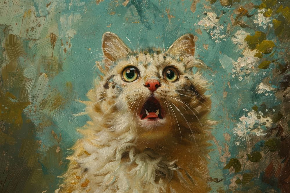 Cat with surprised face painting art portrait.