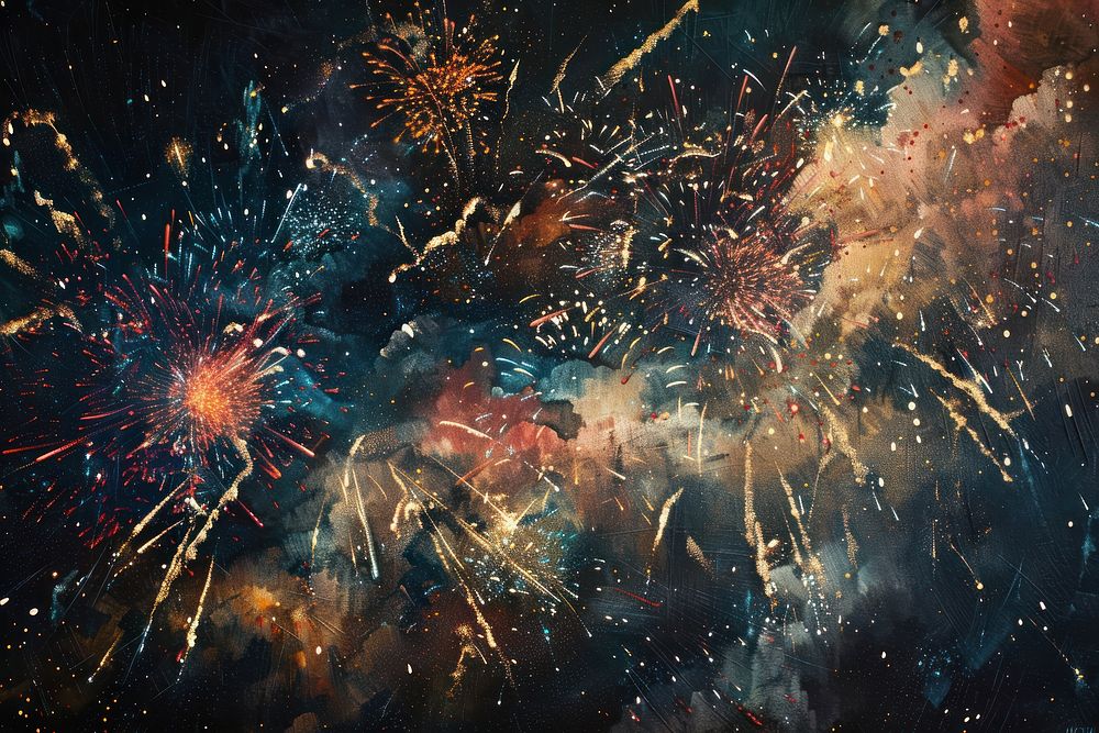 Colorful fireworks in dark sky astronomy universe painting.