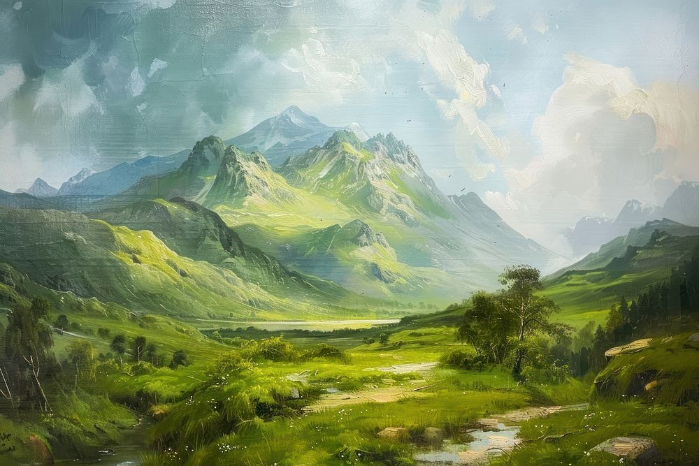Green mountain painting landscape panoramic.