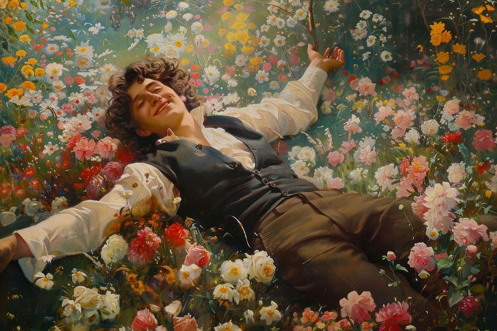 Happy man laying on flower garden painting art outdoors.