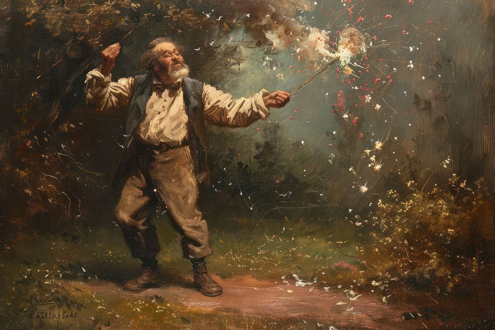 Happy man playing firecracker painting art adult.