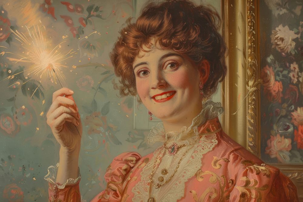 Happy woman holding a firecracker painting art portrait.