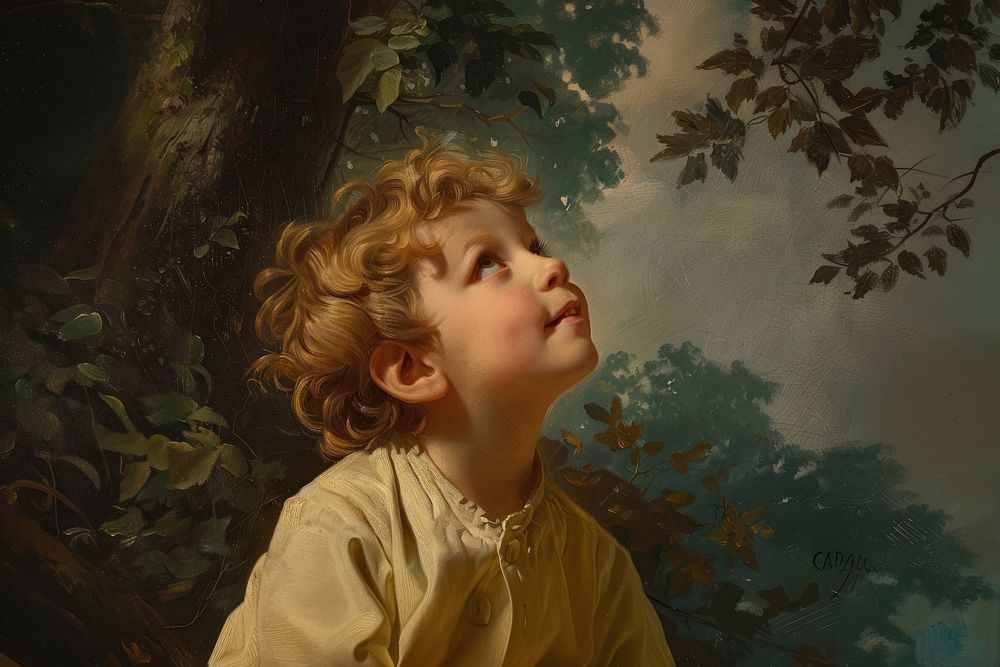 Little happy boy looking up painting portrait child.