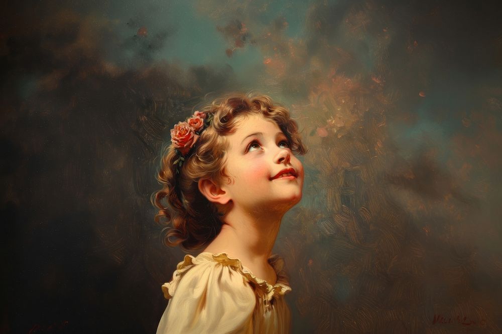Little happy girl looking up painting art portrait.