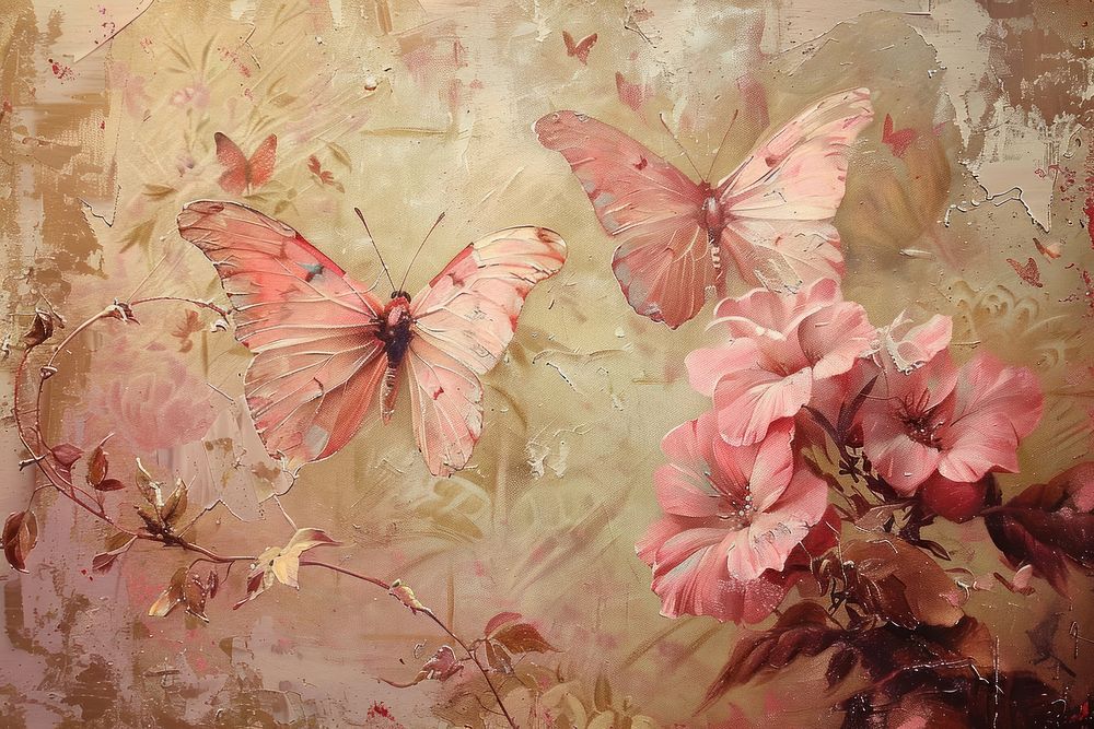 Pink butterflies painting art flower.