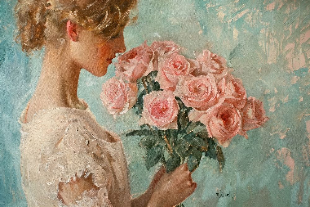 Woman holding a bouquet of pink roses painting art flower.