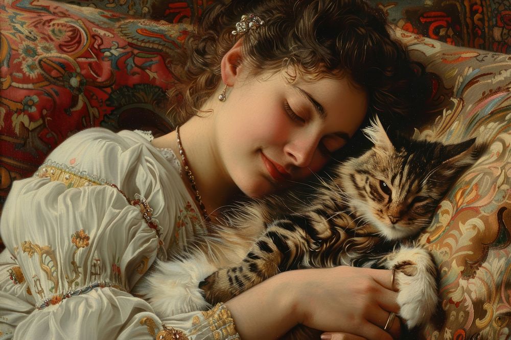Woman holding her cat furniture sleeping portrait.