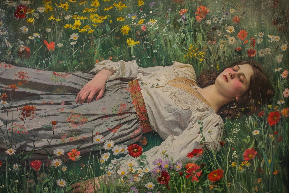 Woman laying on flower meadow painting art portrait.