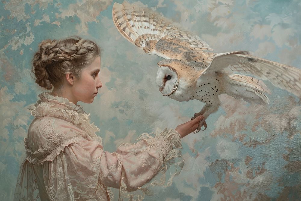 Woman with an owl painting art animal.