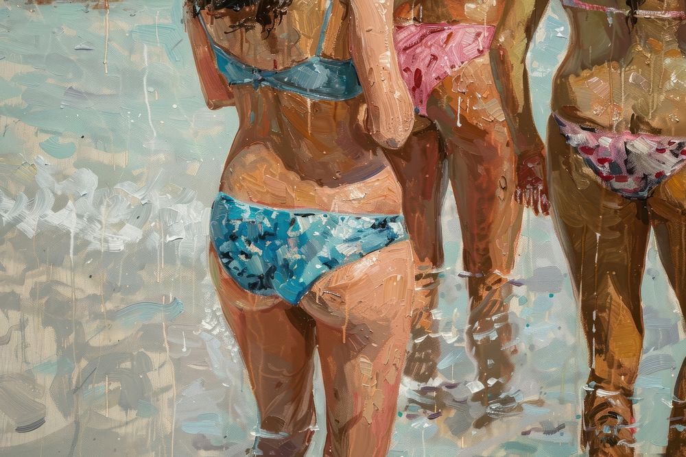 Close up on pale pool party painting clothing swimwear.