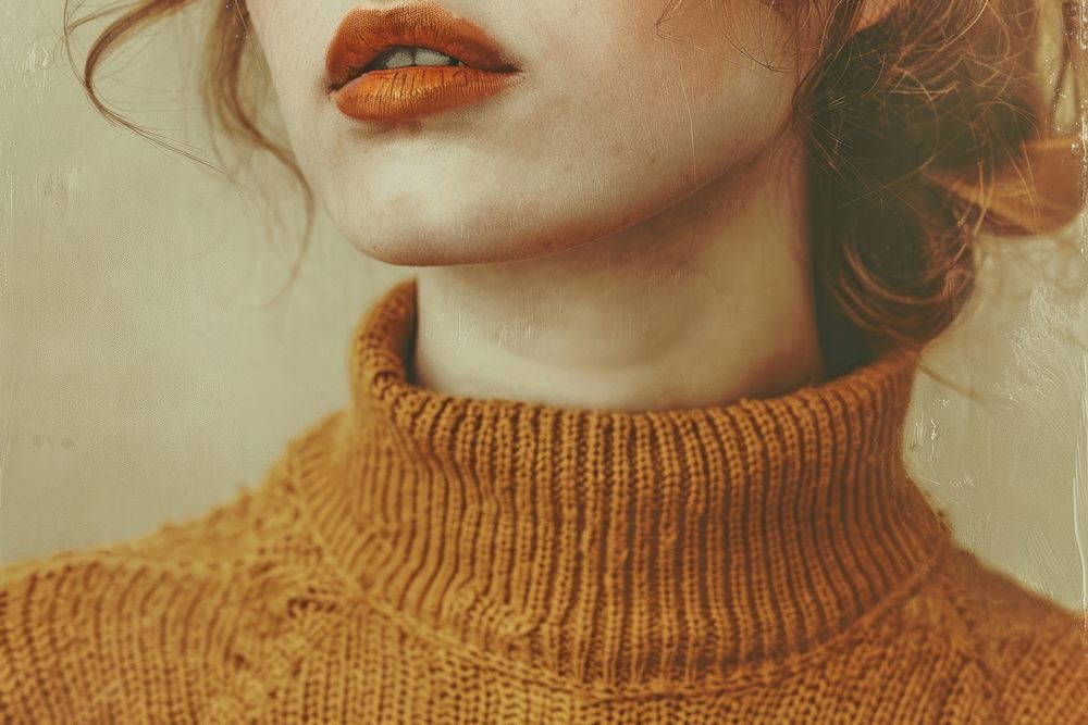 Close up on pale woman apparel fashion autumn clothing knitwear sweater.