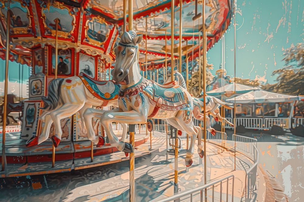 Close up on pale merry go round carousel person animal.