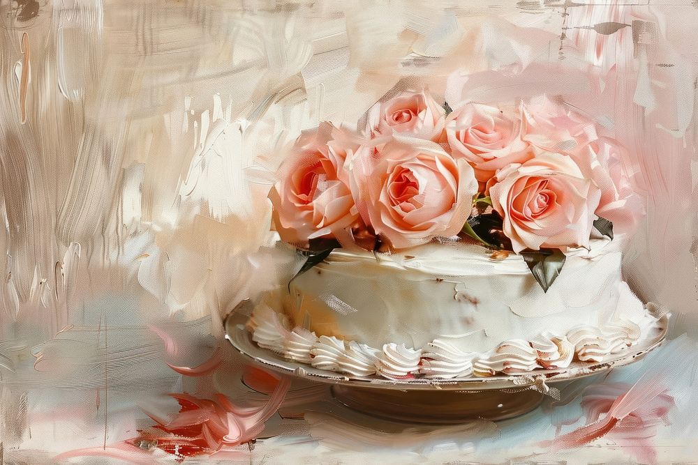 Close up on pale cake painting blossom dessert.