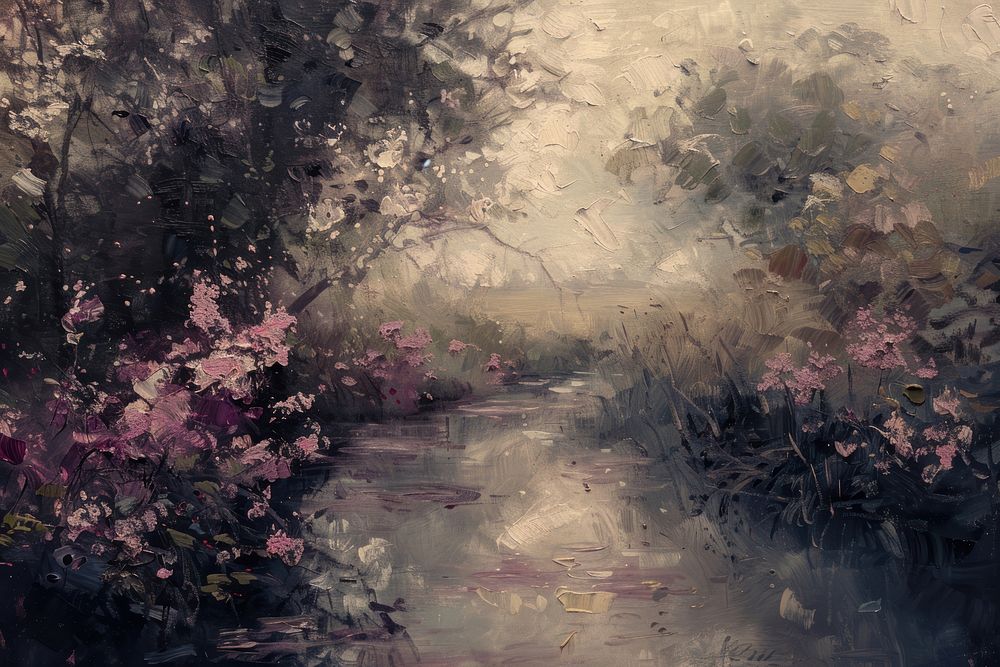 Close up on pale garden river painting outdoors blossom.