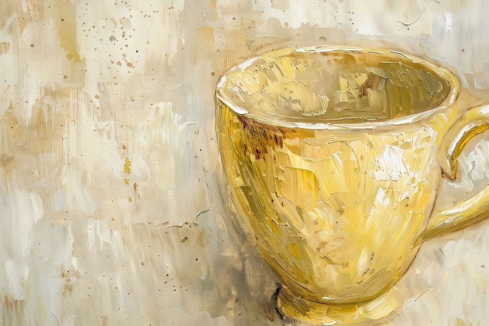 Close up on pale yellow mug painting beverage saucer.