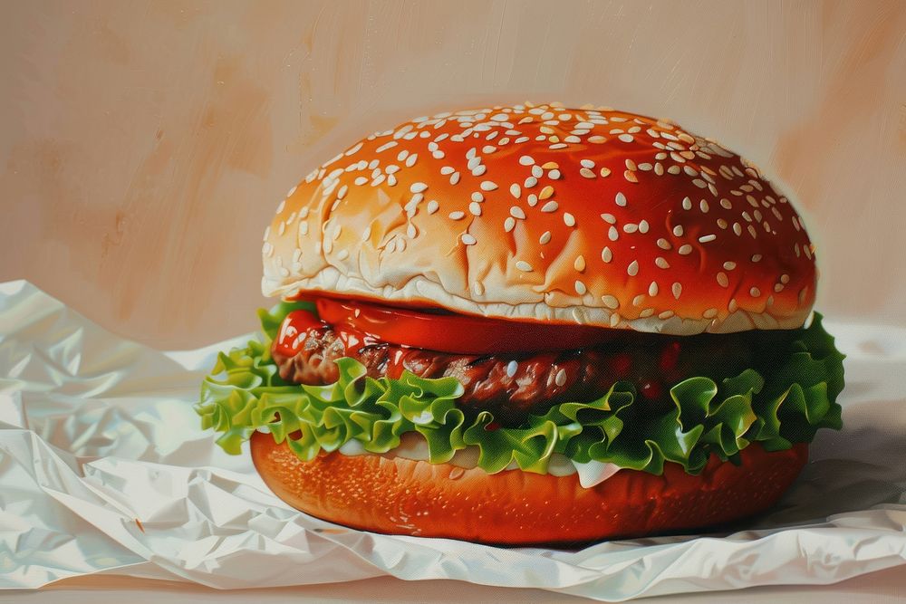 Close up on pale fast food burger food presentation.