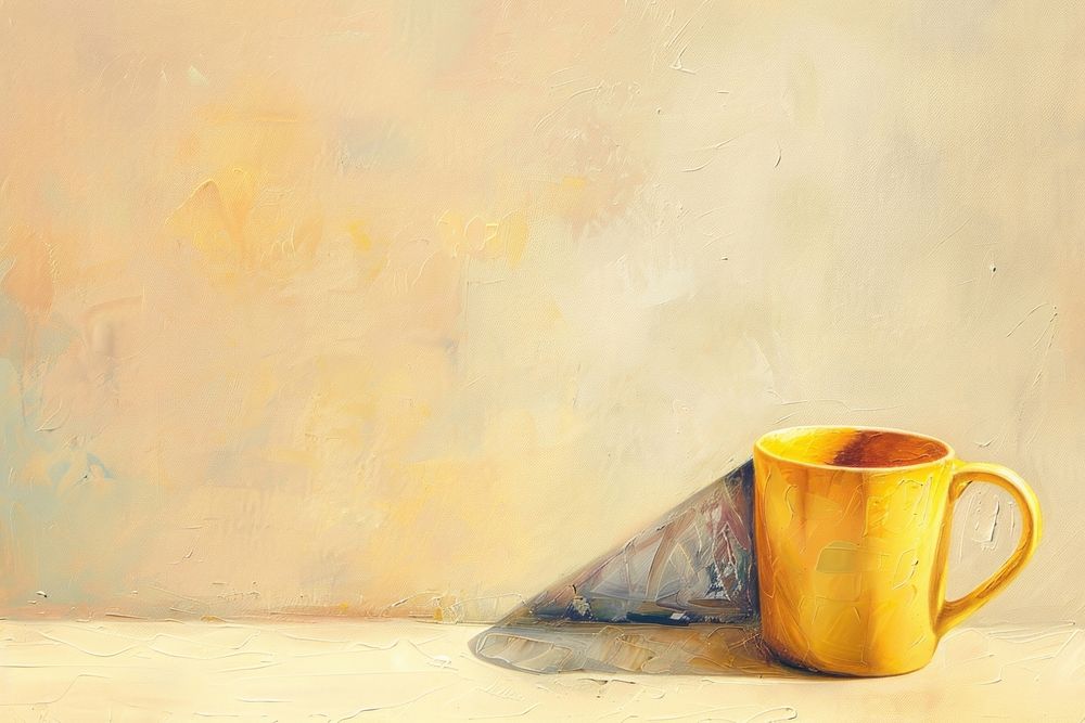 Close up on pale yellow mug painting beverage coffee.