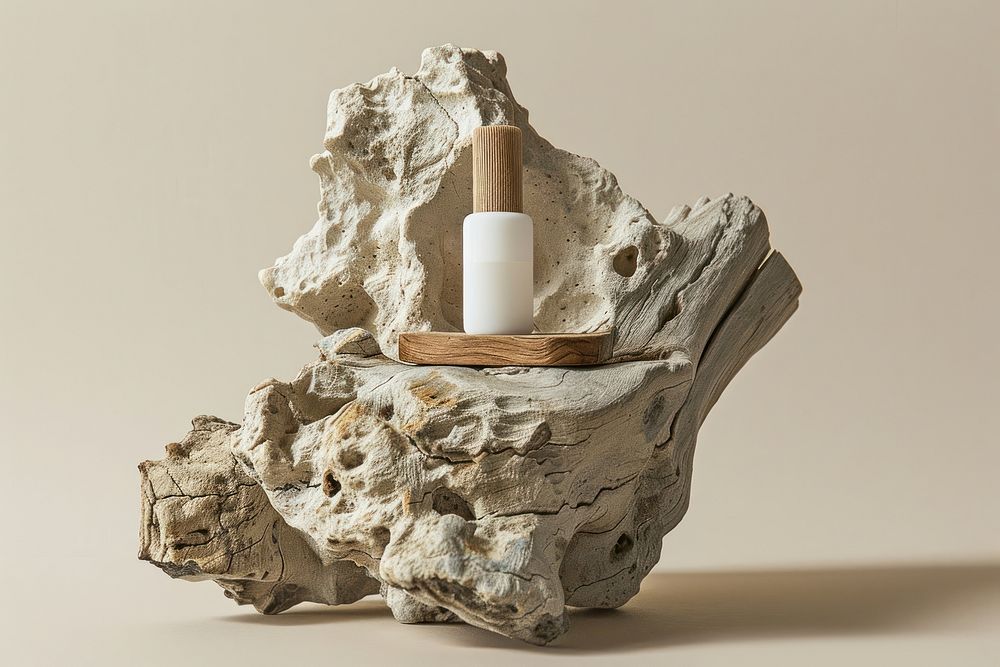 Serum skincare bottle mockup wood rock driftwood.