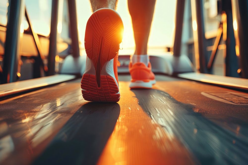 Runner man running on treadmill footwear sunlight shoe.