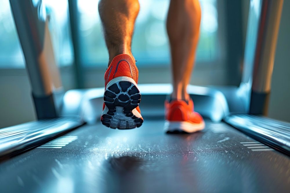 Runner man running on treadmill footwear sports shoe.