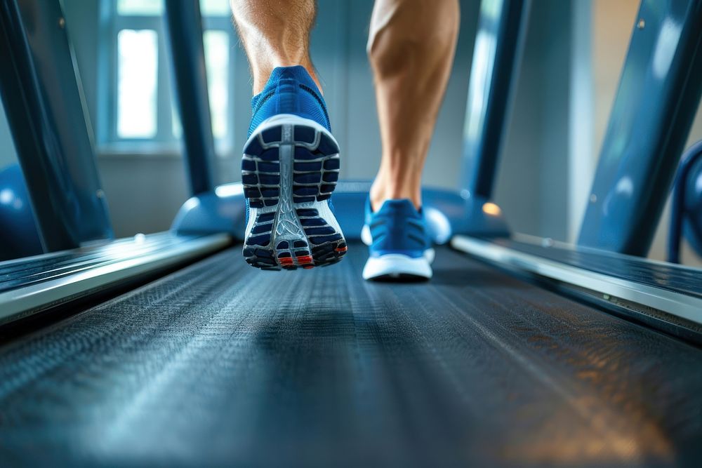Runner man running on treadmill footwear sports shoe.