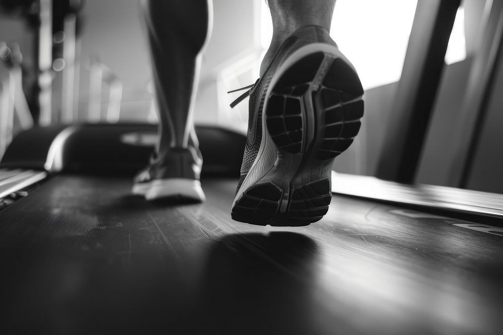 Runner man running on treadmill footwear shoe determination.