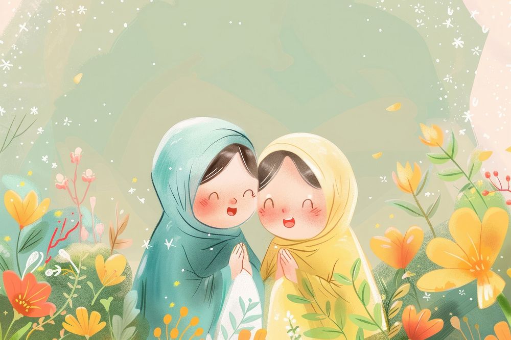 Eid mubarak acrylic illustration cartoon adult togetherness.
