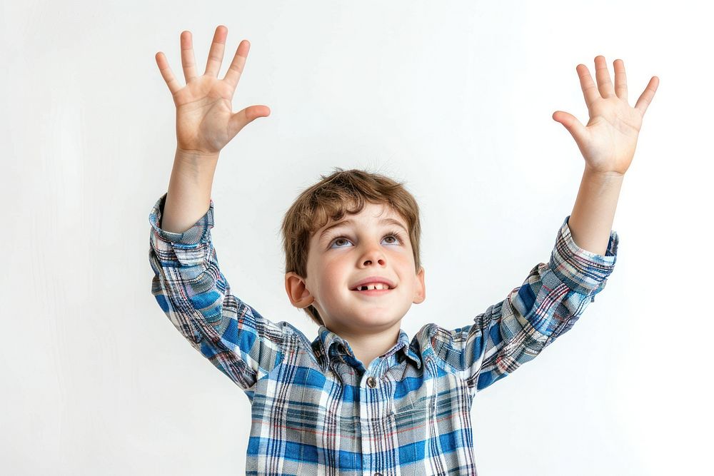 Boy raising hands portrait child photo.