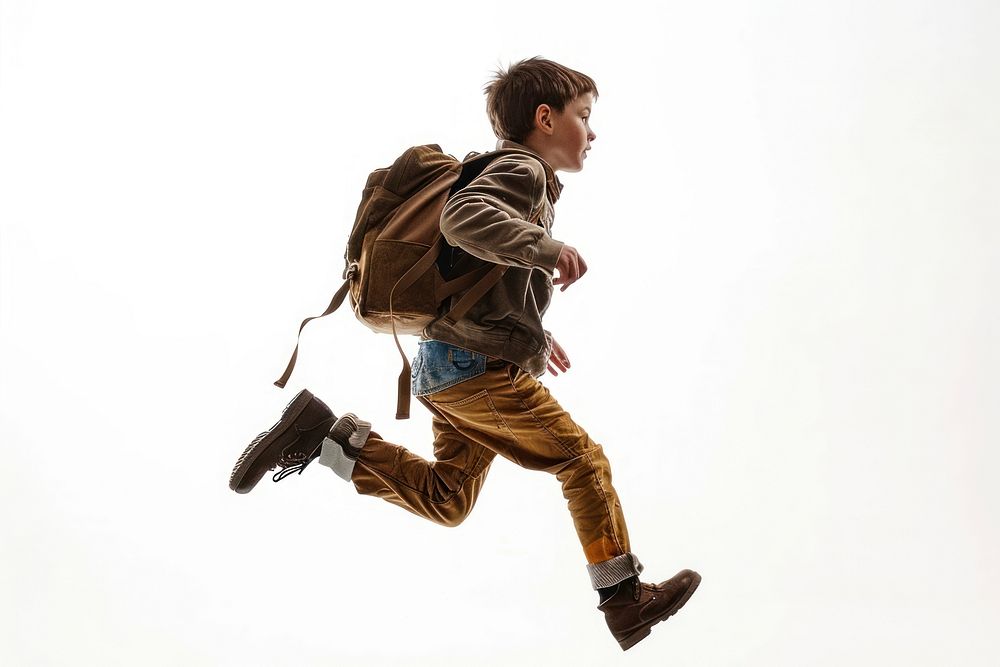 Boy running backpack footwear shoe.