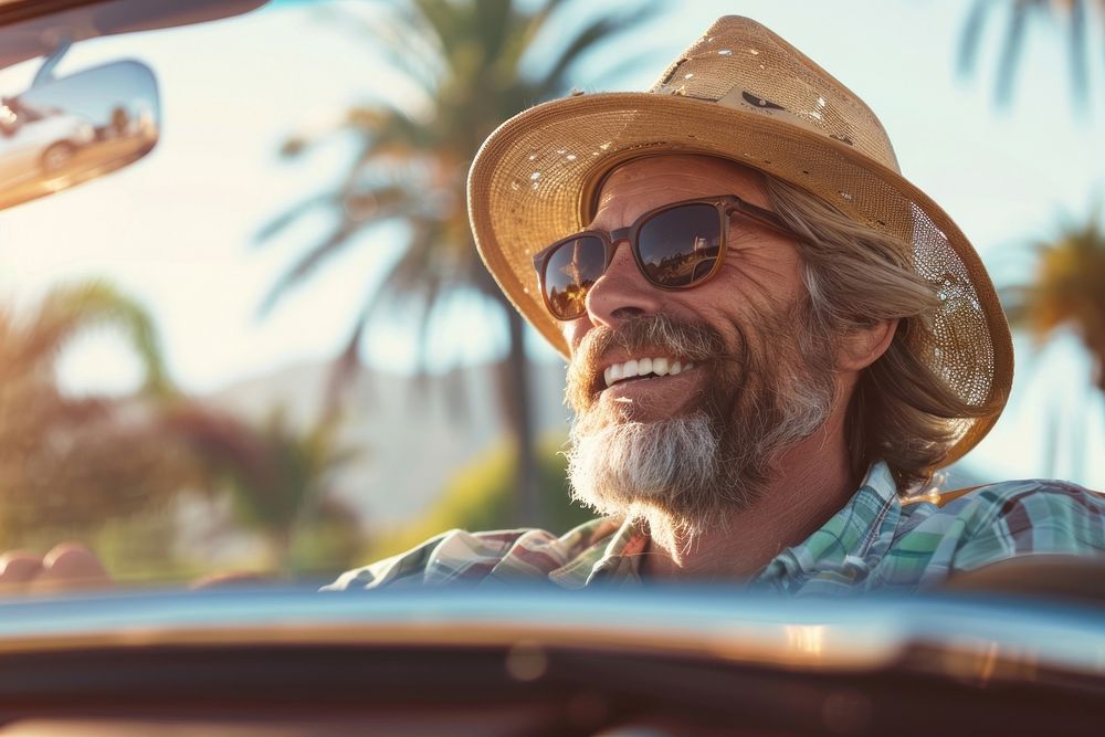 Happy man portrait glasses vehicle.