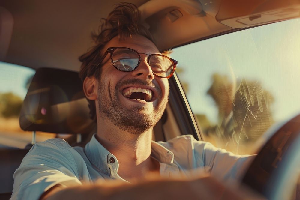 Happy man glasses vehicle driving.